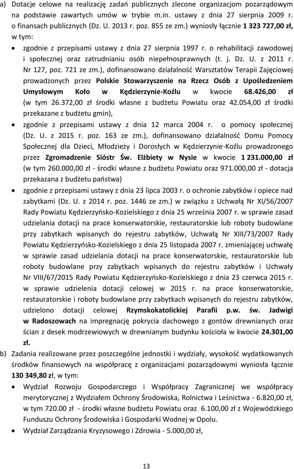 Dz. U. z 2011 r. Nr 127, poz. 721 ze zm.), dofinansowano działalność Warsztatów Terapii Zajęciowej prowadzonych przez Polskie Stowarzyszenie na Rzecz Osób z Upośledzeniem Umysłowym Koło w kwocie 68.
