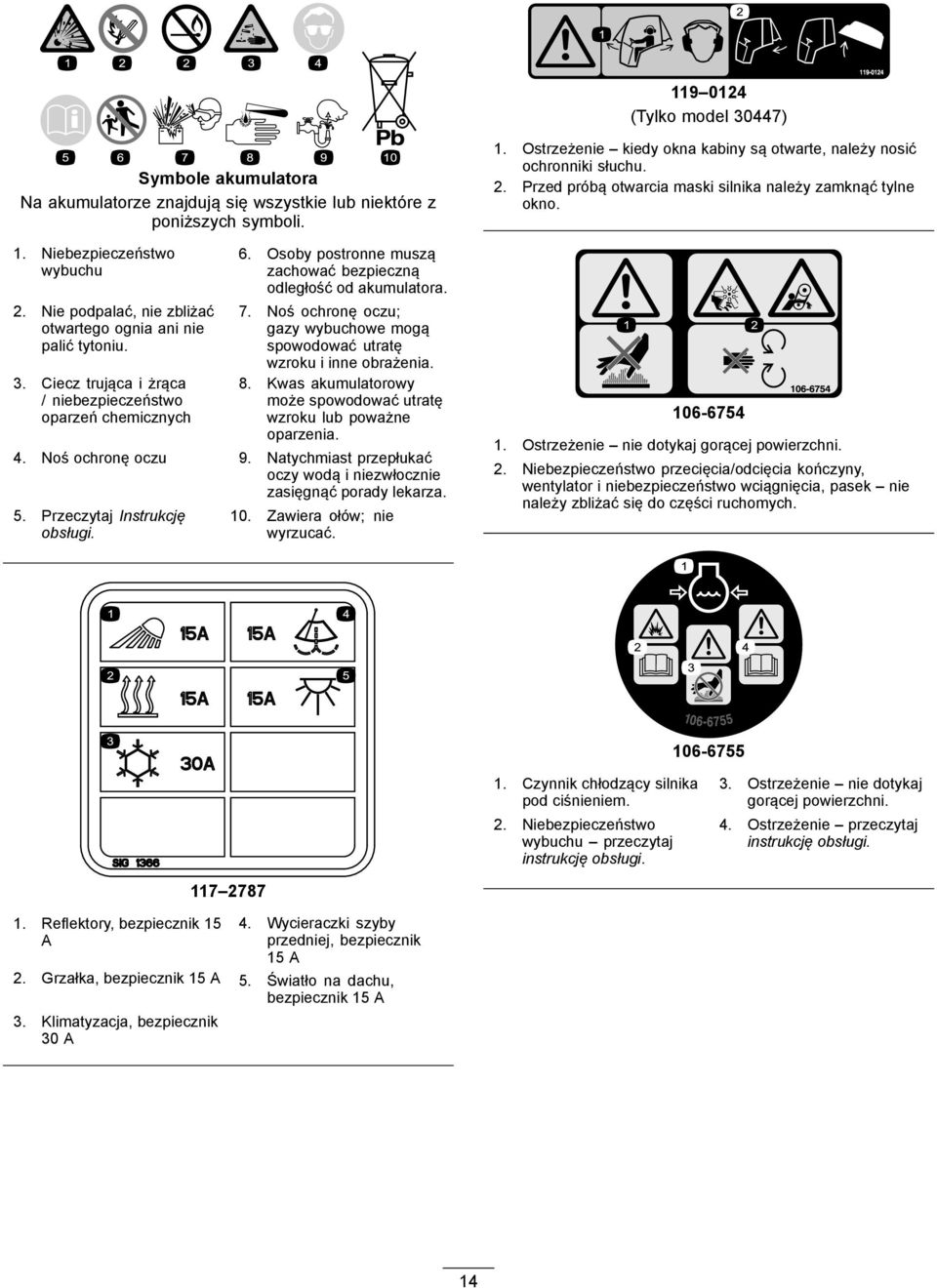 7. Noś ochronę oczu; gazy wybuchowe mogą spowodować utratę wzroku i inne obrażenia. 8. Kwas akumulatorowy może spowodować utratę wzroku lub poważne oparzenia. 4. Noś ochronę oczu 9.