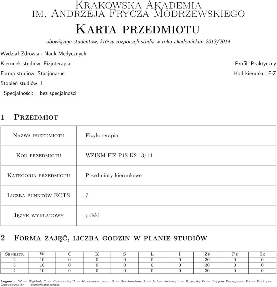 studiów: Stacjonarne Stopień studiów: I Specjalności: bez specjalności Profil: Praktyczny Kod kierunku: FIZ 1 Przedmiot Nazwa przedmiotu Fizykoterapia Kod przedmiotu WZINM FIZ S K2 13/14 Kategoria