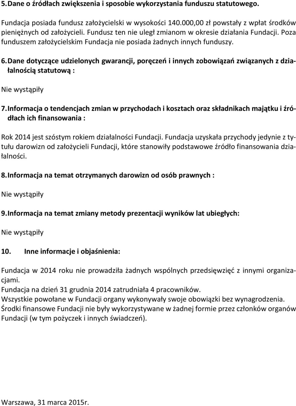 Dane dotyczące udzielonych gwarancji, poręczeń i innych zobowiązań związanych z działalnością statutową : Nie wystąpiły 7.