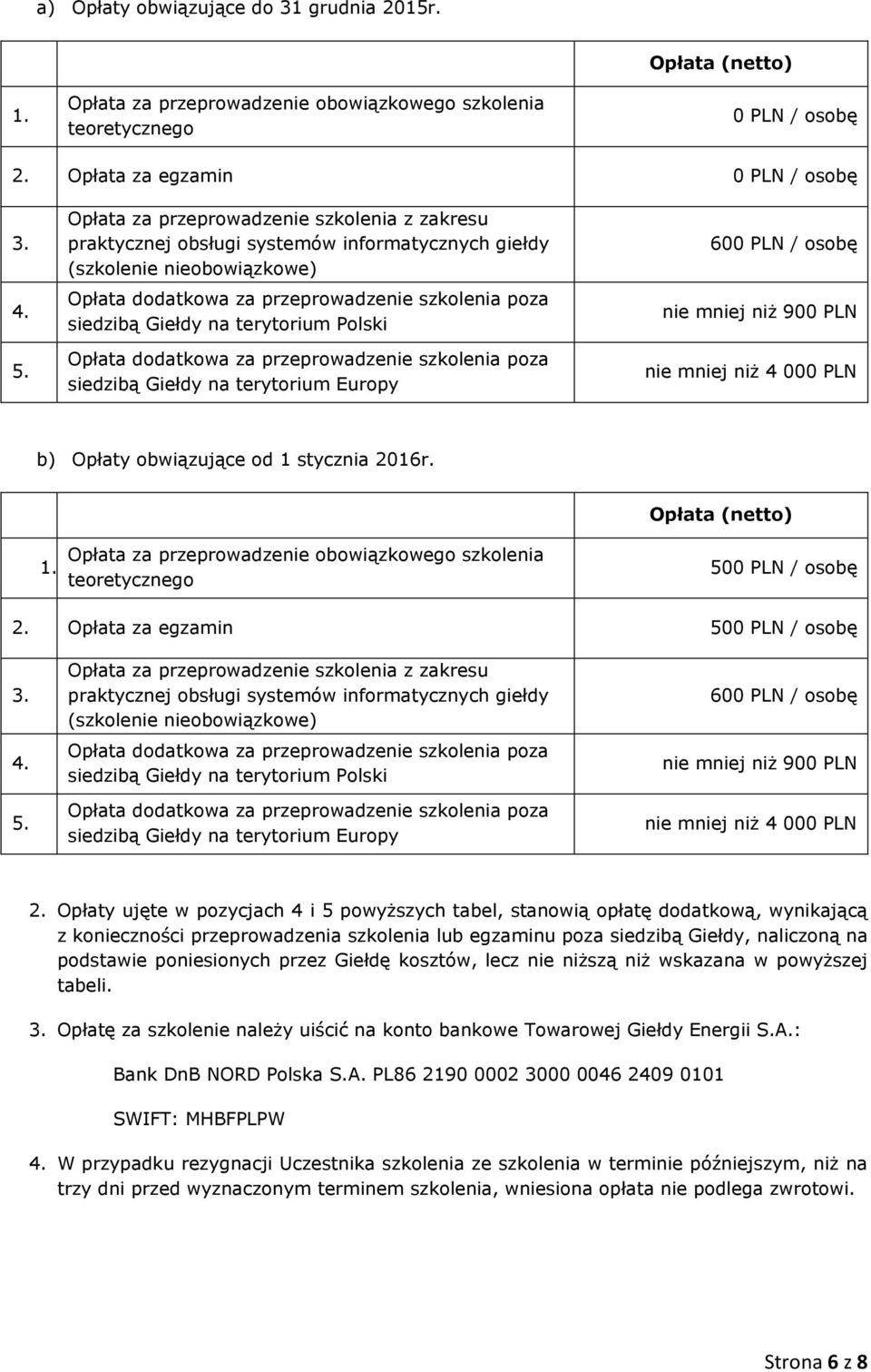 terytorium Polski Opłata dodatkowa za przeprowadzenie szkolenia poza siedzibą Giełdy na terytorium Europy 600 PLN / osobę nie mniej niż 900 PLN nie mniej niż 4 000 PLN b) Opłaty obwiązujące od 1