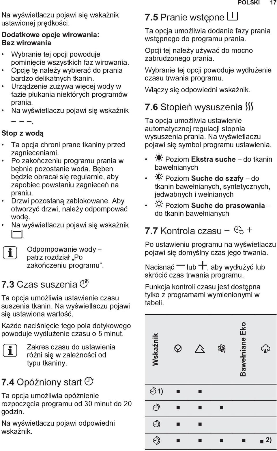 Ta opcja chroni prane tkaniny przed zagnieceniami. Po zakończeniu programu prania w bębnie pozostanie woda. Bęben będzie obracał się regularnie, aby zapobiec powstaniu zagnieceń na praniu.