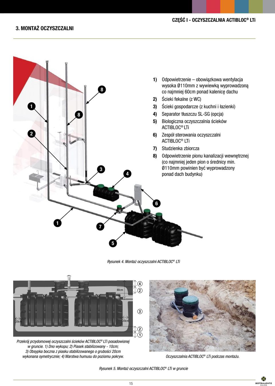 pionu kanalizacji wewnętrznej (co najmniej jeden pion o średnicy min. Ø110mm powinien być wyprowadzony ponad dach budynku) 6 1 7 5 Rysunek 4.