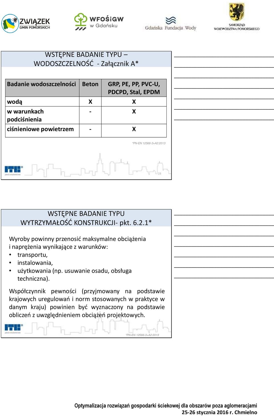 66-3+A2:2013 23 WSTĘPNE BADANIE TYPU WYTRZYMAŁOŚĆ KONSTRUKCJI- pkt. 6.2.1* Wyroby powinny przenosić maksymalne obciążenia i naprężenia wynikające z warunków: transportu, instalowania, użytkowania (np.