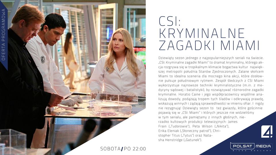 Zalane słońcem Miami to idealna sceneria dla mocnego kina akcji, które dosłownie pulsuje południowym rytmem. Zespół śledczych z CSI Miami wykorzystuje najnowsze techniki kryminalistyczne (m.in. z medycyny sądowej i batalistyki), by rozwiązywać różnorodne zagadki kryminalne.