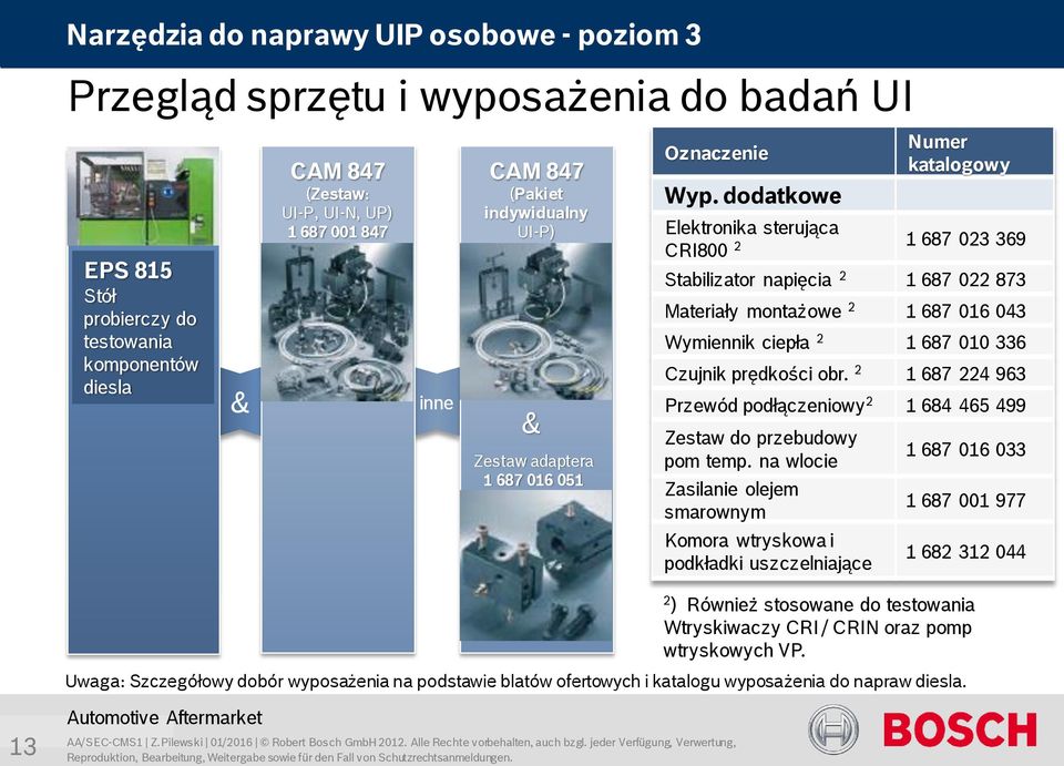 dodatkowe Numer katalogowy Elektronika sterująca CRI800 2 1 687 023 369 Stabilizator napięcia 2 1 687 022 873 Materiały montażowe 2 1 687 016 043 Wymiennik ciepła 2 1 687 010 336 Czujnik prędkości