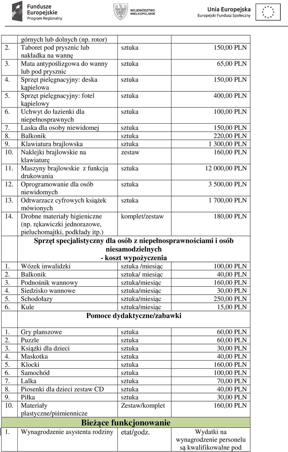 Laska dla osoby niewidomej sztuka 150,00 PLN 8. Balkonik sztuka 220,00 PLN 9. Klawiatura brajlowska sztuka 1 300,00 PLN 10. Naklejki brajlowskie na klawiaturę zestaw 160,00 PLN 11.