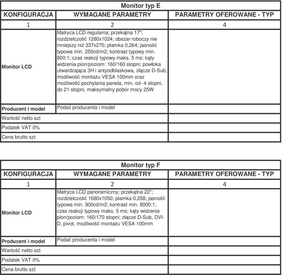 5 ms; kty widzenia pion/poziom: 160/160 stopni; powłoka utwardzajca 3H i antyodblaskowa, złcze D-Sub, moliwo montau VESA 100mm oraz moliwo pochylania panela, min.