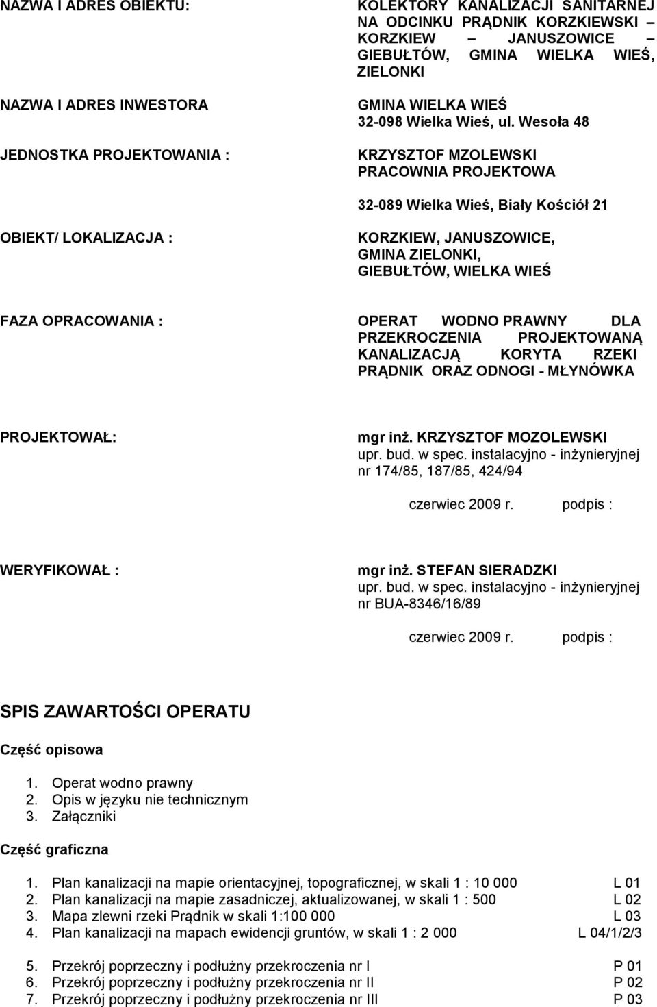 Wesoła 48 KRZYSZTOF MZOLEWSKI PRACOWNIA PROJEKTOWA 32-089 Wielka Wieś, Biały Kościół 21 OBIEKT/ LOKALIZACJA : KORZKIEW, JANUSZOWICE, GMINA ZIELONKI, GIEBUŁTÓW, WIELKA WIEŚ FAZA OPRACOWANIA : OPERAT