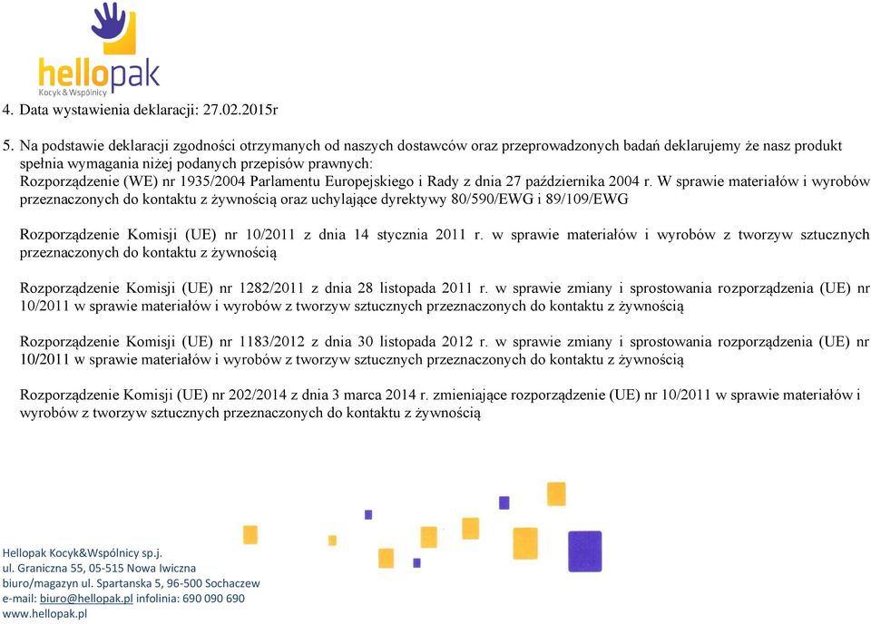1935/2004 Parlamentu Europejskiego i Rady z dnia 27 października 2004 r.