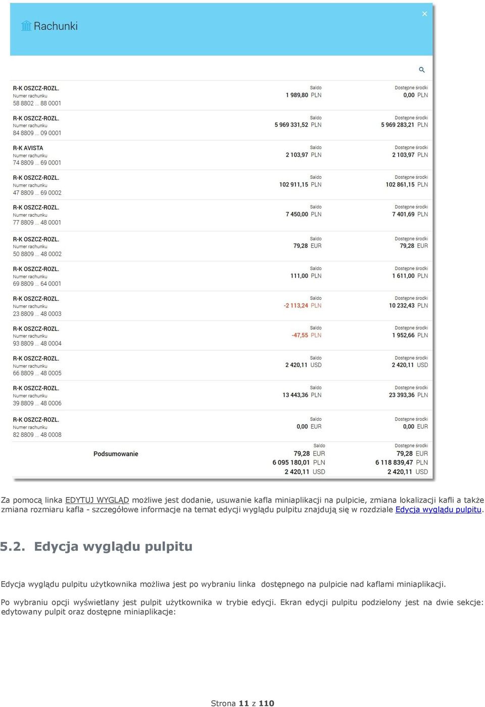 Edycja wyglądu pulpitu Edycja wyglądu pulpitu użytkownika możliwa jest po wybraniu linka dostępnego na pulpicie nad kaflami miniaplikacji.