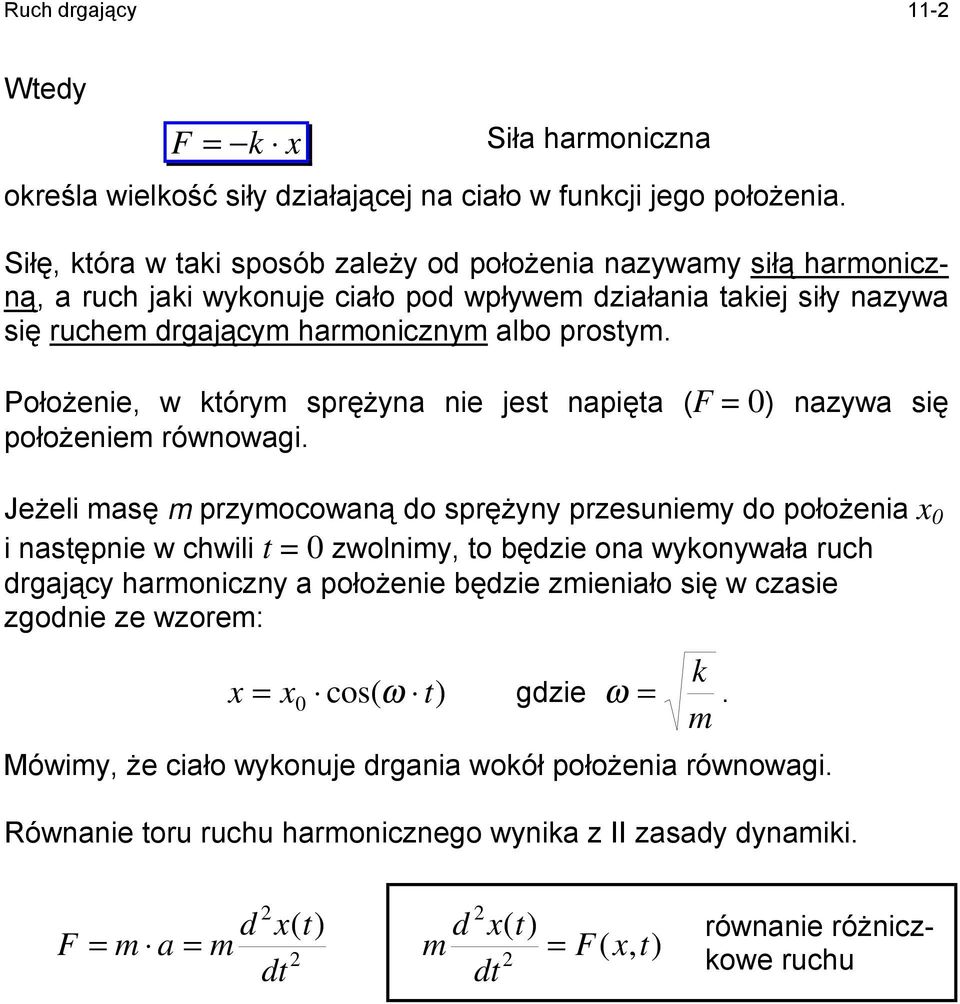 Położenie, w którym sprężyna nie jest napięta (F ) nazywa się położeniem równowagi.