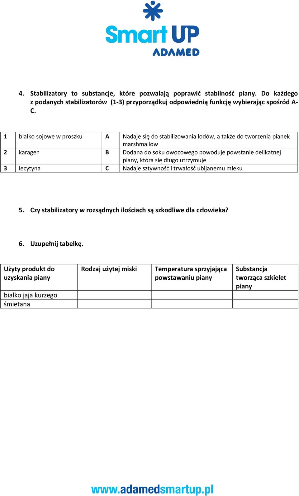 1 białko sojowe w proszku A Nadaje się do stabilizowania lodów, a także do tworzenia pianek marshmallow 2 karagen B Dodana do soku owocowego powoduje powstanie delikatnej