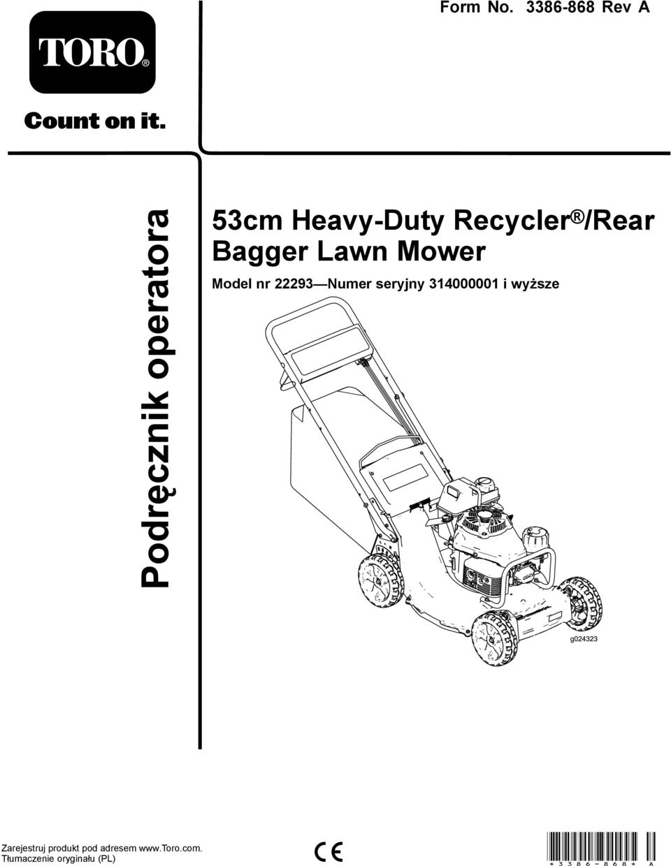 Bagger Lawn Mower Model nr 22293 Numer seryjny