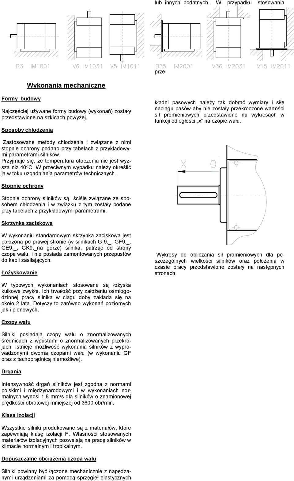 wału. Zastosowane metody chłodzenia i związane z nimi stopnie ochrony podano przy tabelach z przykładowymi parametrami silników. Przyjmuje się, że temperatura otoczenia nie jest wyższa niż 40 C.