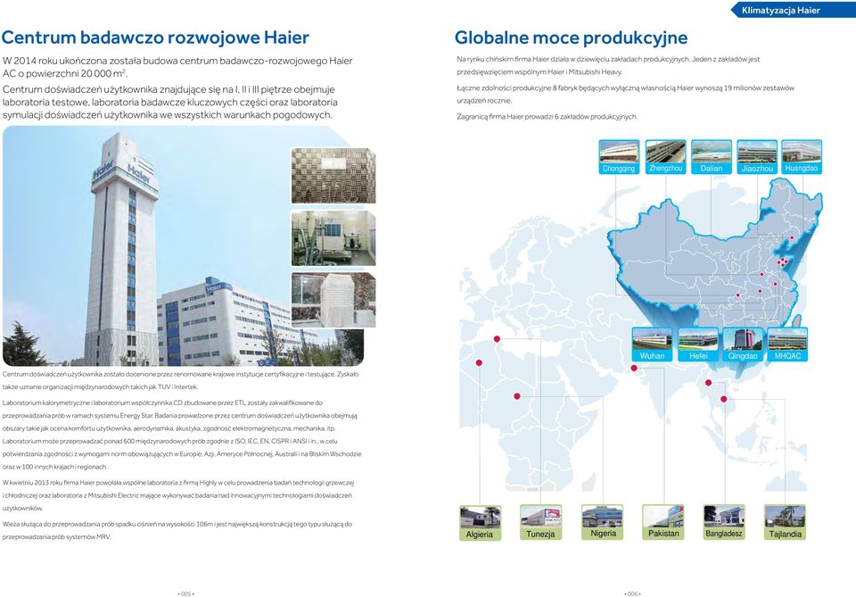 wszystkich warunkach pogodowych. Globalne moce produkcyjne Na rynku chińskim firma Haier działa w dziewięciu zakładach produkcyjnych.