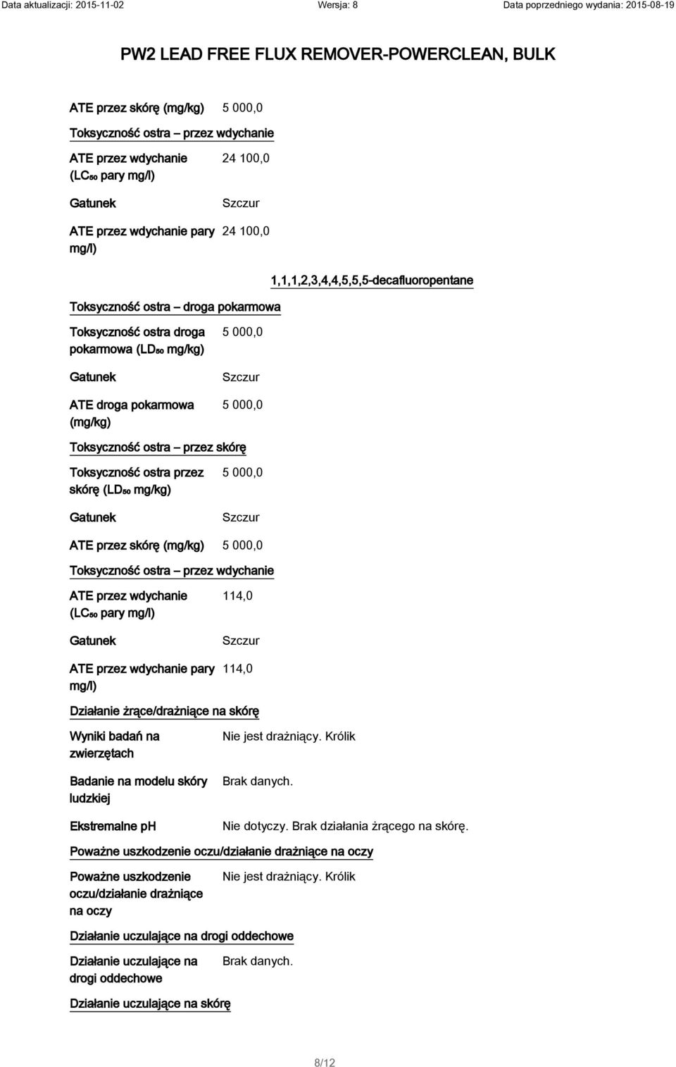 ostra przez skórę (LD₅₀ mg/kg) Gatunek 5 000,0 Szczur ATE przez skórę (mg/kg) 5 000,0 Toksyczność ostra przez wdychanie ATE przez wdychanie (LC₅₀ pary mg/l) Gatunek ATE przez wdychanie pary mg/l)