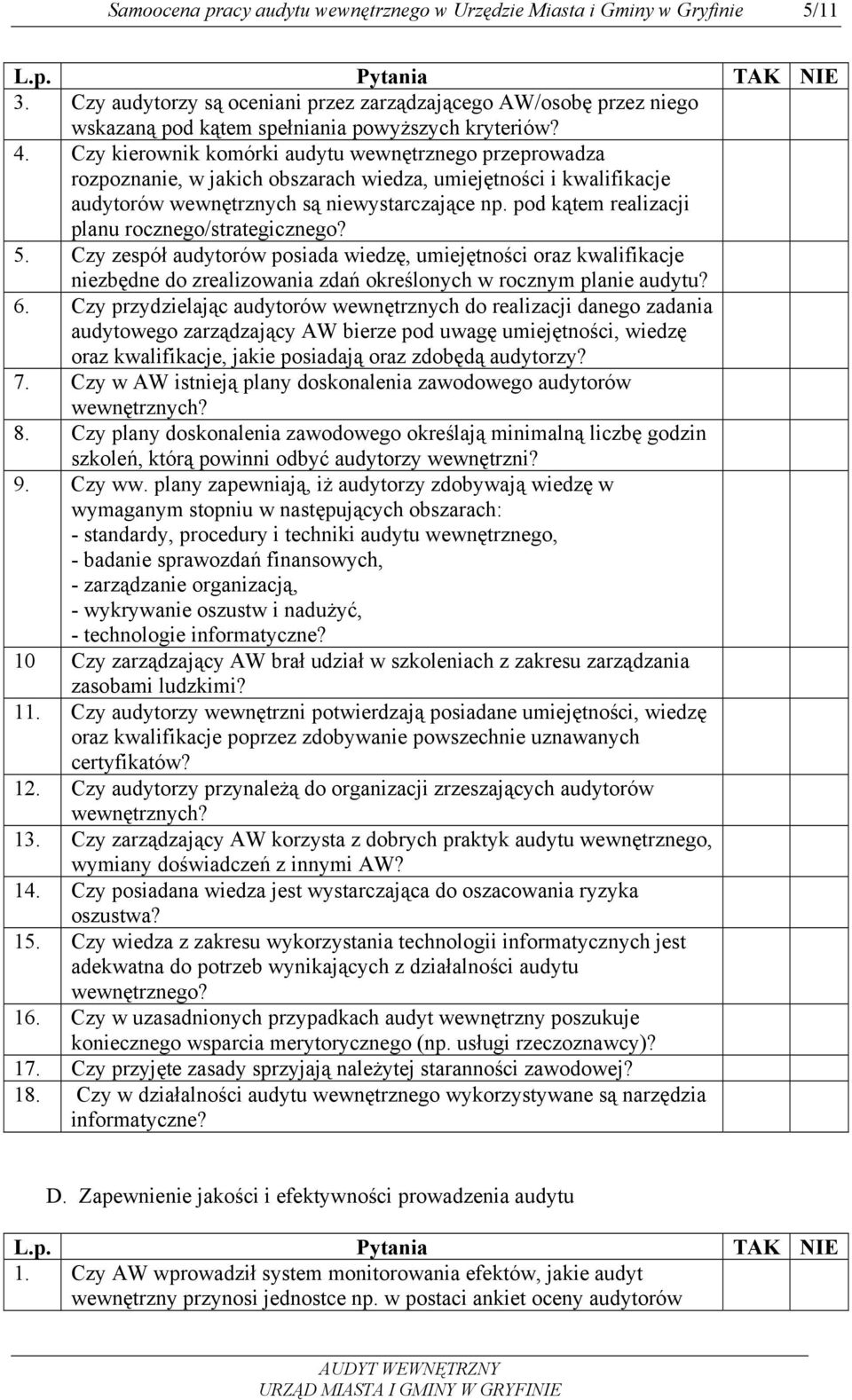 pod kątem realizacji planu rocznego/strategicznego? 5. Czy zespół audytorów posiada wiedzę, umiejętności oraz kwalifikacje niezbędne do zrealizowania zdań określonych w rocznym planie audytu? 6.