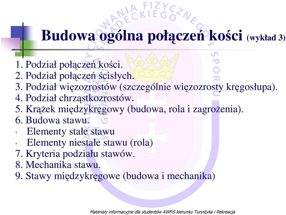 Elementy stałe stawu Elementy niestałe stawu (rola) 7. Kryteria podziału stawów. 8. Mechanika stawu.