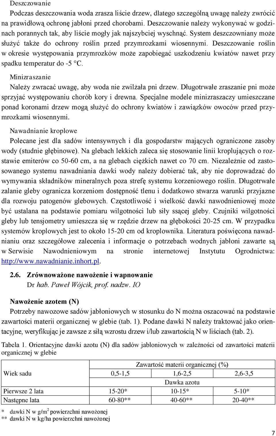 Deszczowanie roślin w okresie występowania przymrozków może zapobiegać uszkodzeniu kwiatów nawet przy spadku temperatur do -5 C. Minizraszanie Należy zwracać uwagę, aby woda nie zwilżała pni drzew.