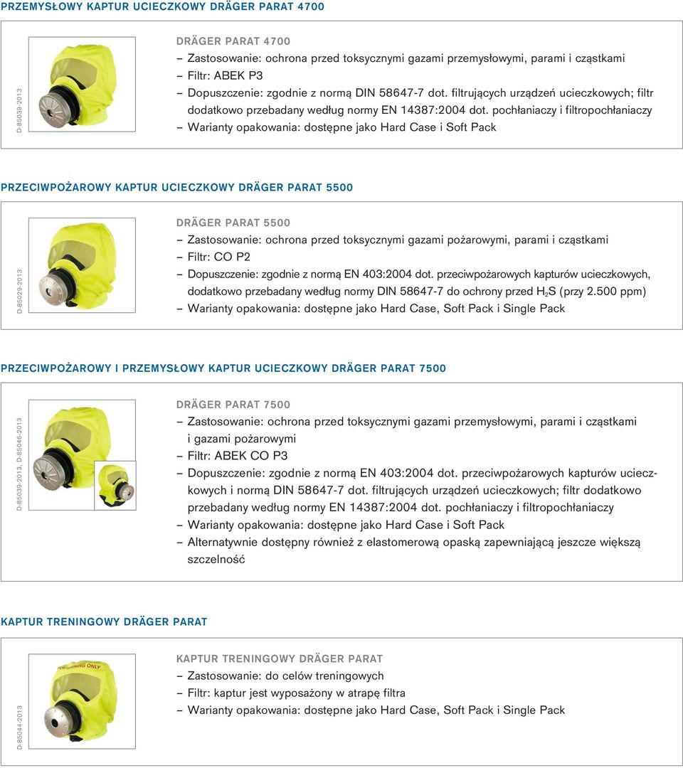 pochłaniaczy i filtropochłaniaczy Warianty opakowania: dostępne jako Hard Case i Soft Pack PRZECIWPOŻAROWY KAPTUR UCIECZKOWY DRÄGER PARAT 5500 D-85029-2013 DRÄGER PARAT 5500 Zastosowanie: ochrona
