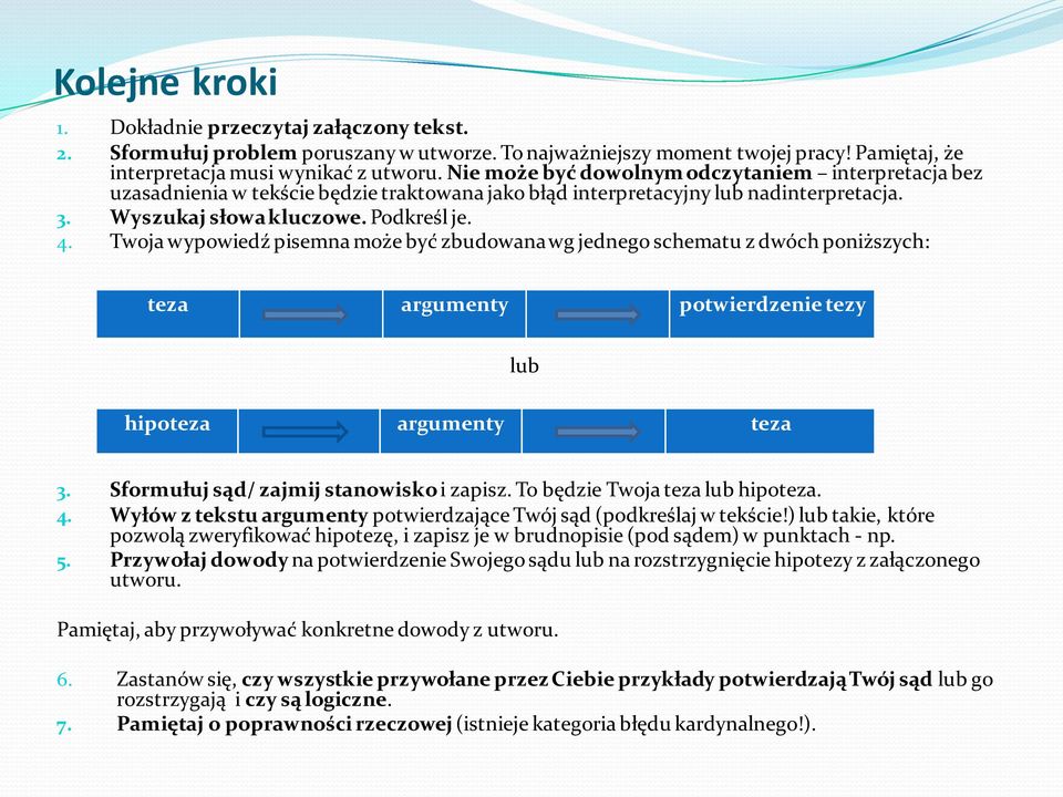 Twoja wypowiedź pisemna może być zbudowana wg jednego schematu z dwóch poniższych: teza argumenty potwierdzenie tezy lub hipoteza argumenty teza 3. Sformułuj sąd/ zajmij stanowisko i zapisz.