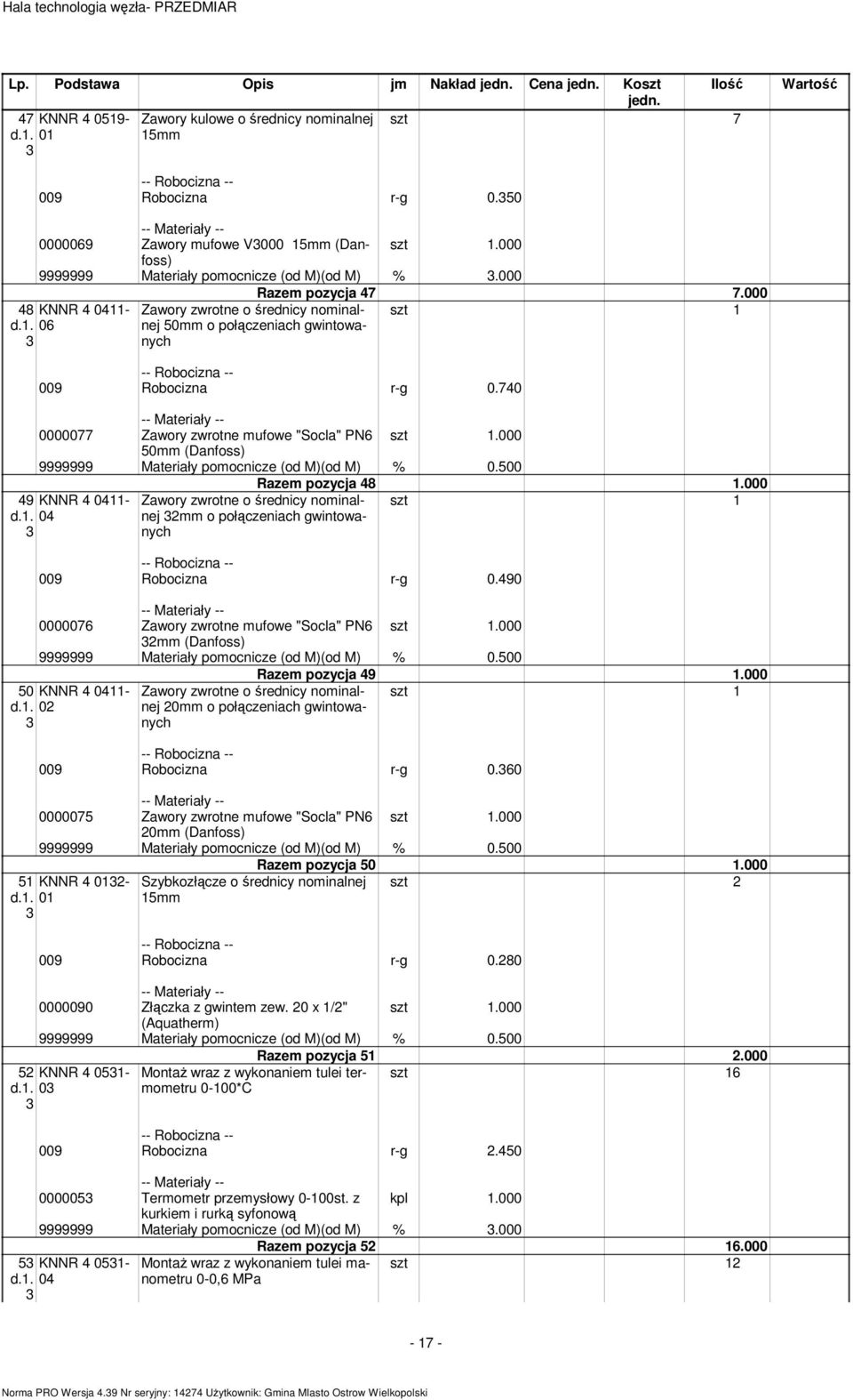 740 0000077 Zawory zwrotne ufowe "Socla" PN6 1.000 50 (Danfoss) 49 KNNR 4 0411- d.1. 04 Raze pozycja 48 1.000 1 Zawory zwrotne o średnicy noinalnej o połączeniach gwintowanych 009 Robocizna r-g 0.