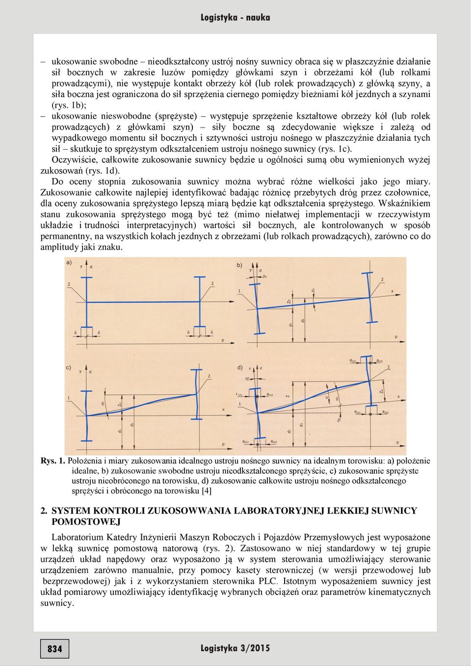 1b); ukosowanie nieswobodne (sprężyste) występuje sprzężenie kształtowe obrzeży kół (lub rolek prowadzących) z główkami szyn) siły boczne są zdecydowanie większe i zależą od wypadkowego momentu sił
