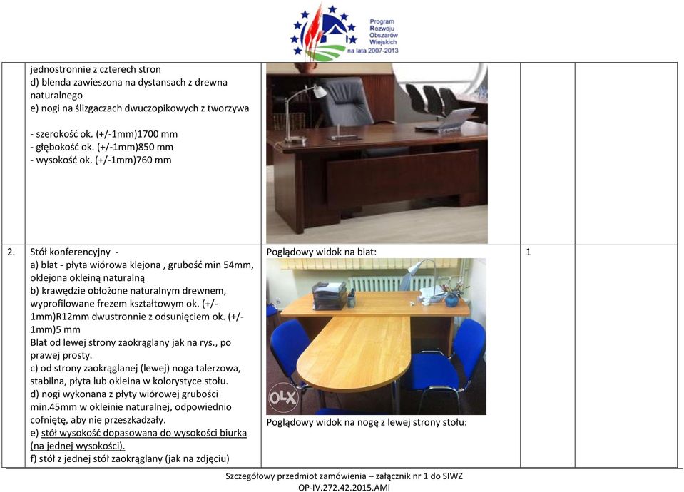 Stół konferencyjny - a) blat - płyta wiórowa klejona, grubość min 54mm, oklejona okleiną naturalną b) krawędzie obłożone naturalnym drewnem, wyprofilowane frezem kształtowym ok.