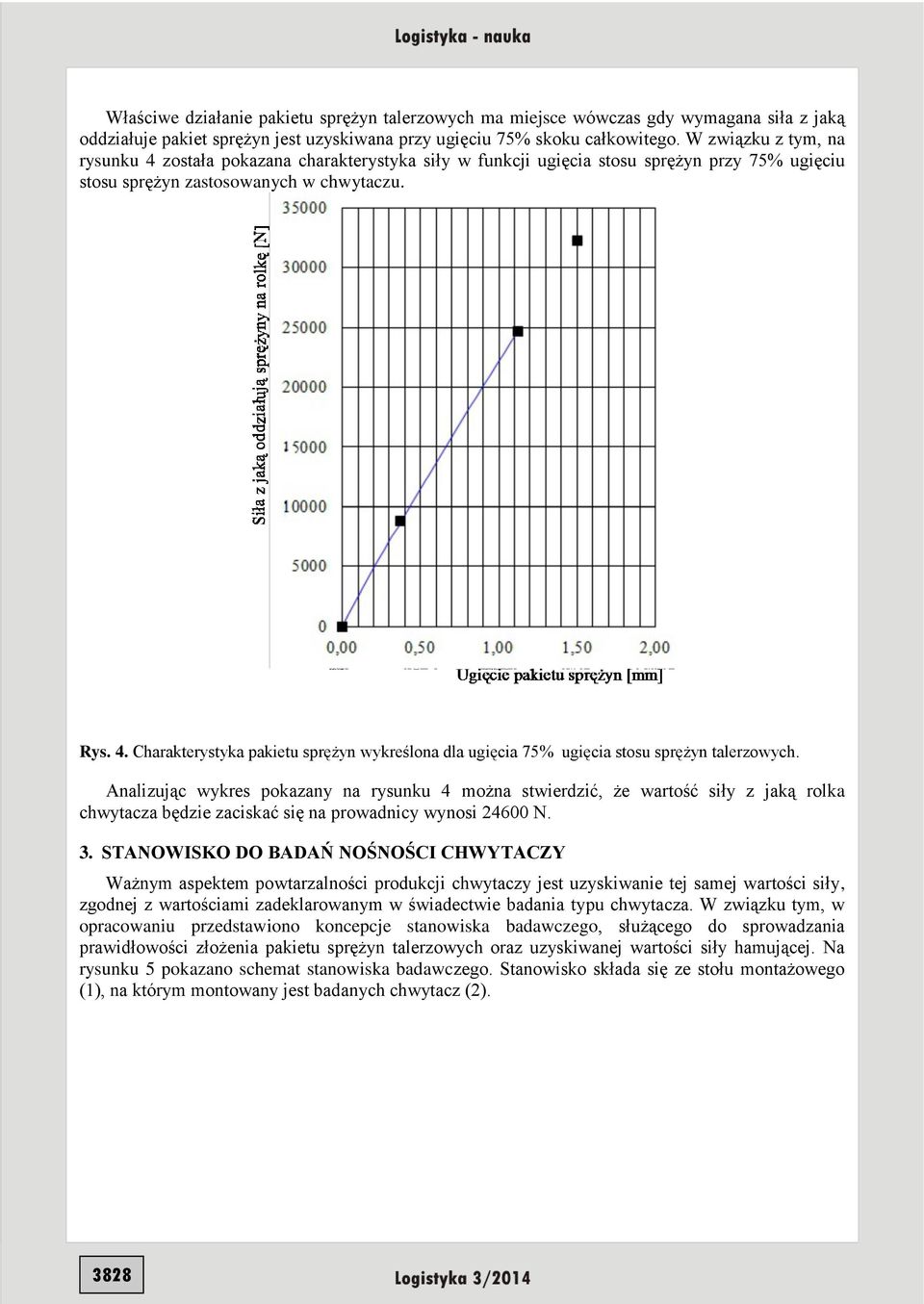 Analizując wykres pokazany na rysunku 4 można stwierdzić, że wartość siły z jaką rolka chwytacza będzie zaciskać się na prowadnicy wynosi 24600 N. 3.