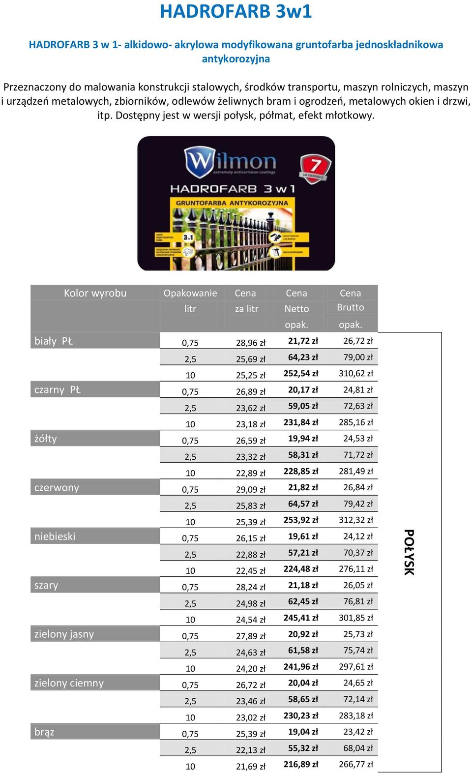 Kolor wyrobu Opakowanie Cena Cena Cena biały PŁ 0,75 28,96 zł 21,72 zł 26,72 zł 2,5 25,69 zł 64,23 zł 79,00 zł 10 25,25 zł 252,54 zł 310,62 zł czarny PŁ 0,75 26,89 zł 20,17 zł 24,81 zł 2,5 23,62 zł