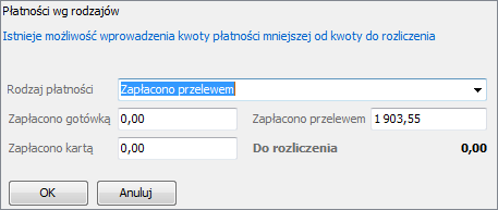 Zmiana sposobu płatności jest możliwa po kliknięciu na ikonę strzałki w polu 'Rodzaj płatności' Na potrzeby naszego przykładu całość płatności drugiej strony zmienimy na przelew.