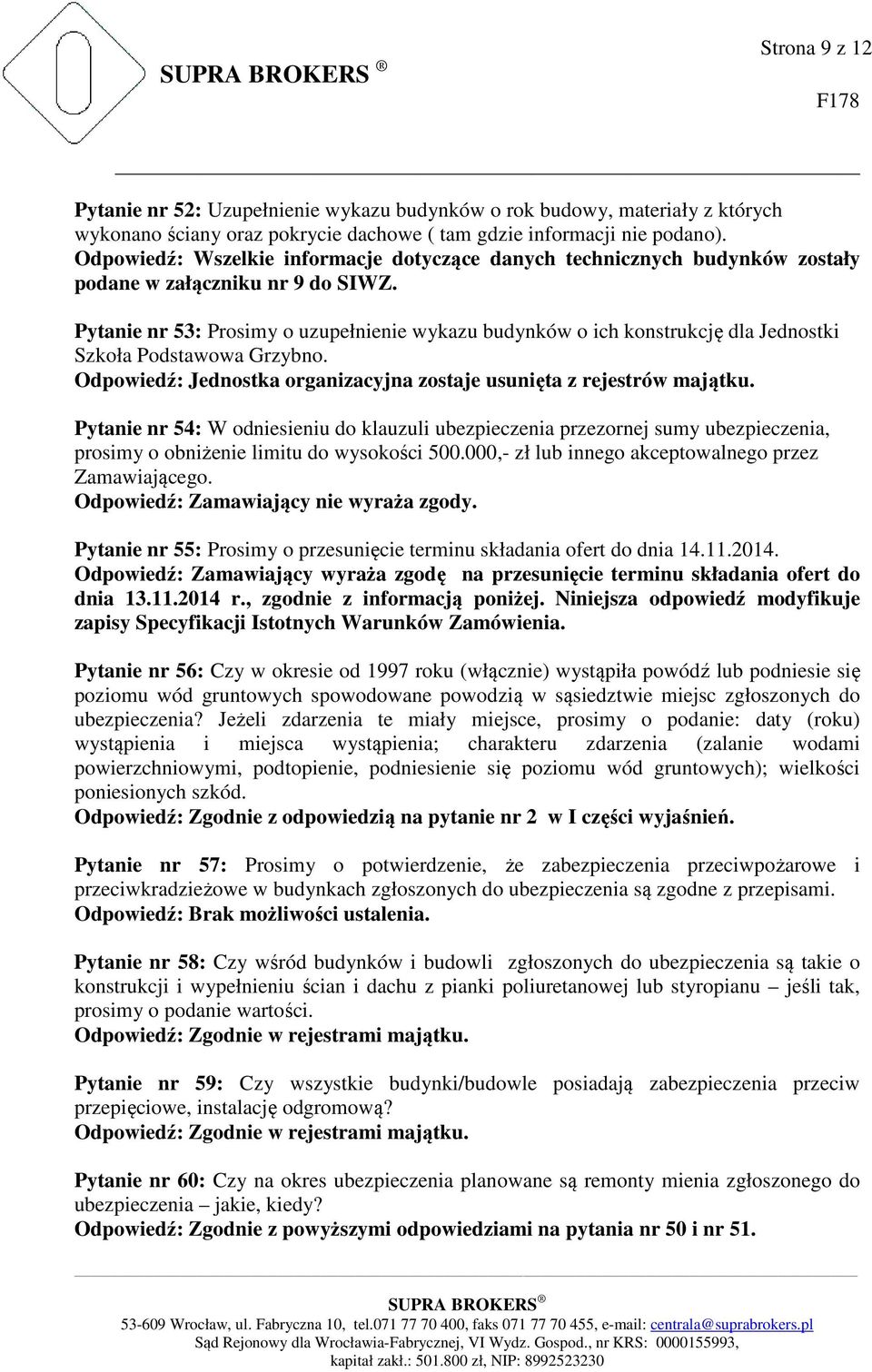 Pytanie nr 53: Prosimy o uzupełnienie wykazu budynków o ich konstrukcję dla Jednostki Szkoła Podstawowa Grzybno. Odpowiedź: Jednostka organizacyjna zostaje usunięta z rejestrów majątku.