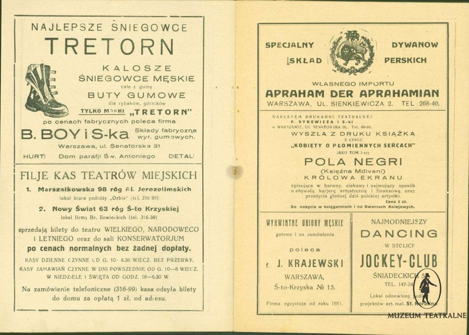 Warszawa, ul. Senatorska 31 HURT) Dom parafjl S'v. Antoniego DETAL' FILJE KAS TEATRÓW MIEJSKICH 1. Marszałkowska 98 r6g Al. Jerozolimskich lokal biura podróiy.orbin' Kcl.jlół*) 2.
