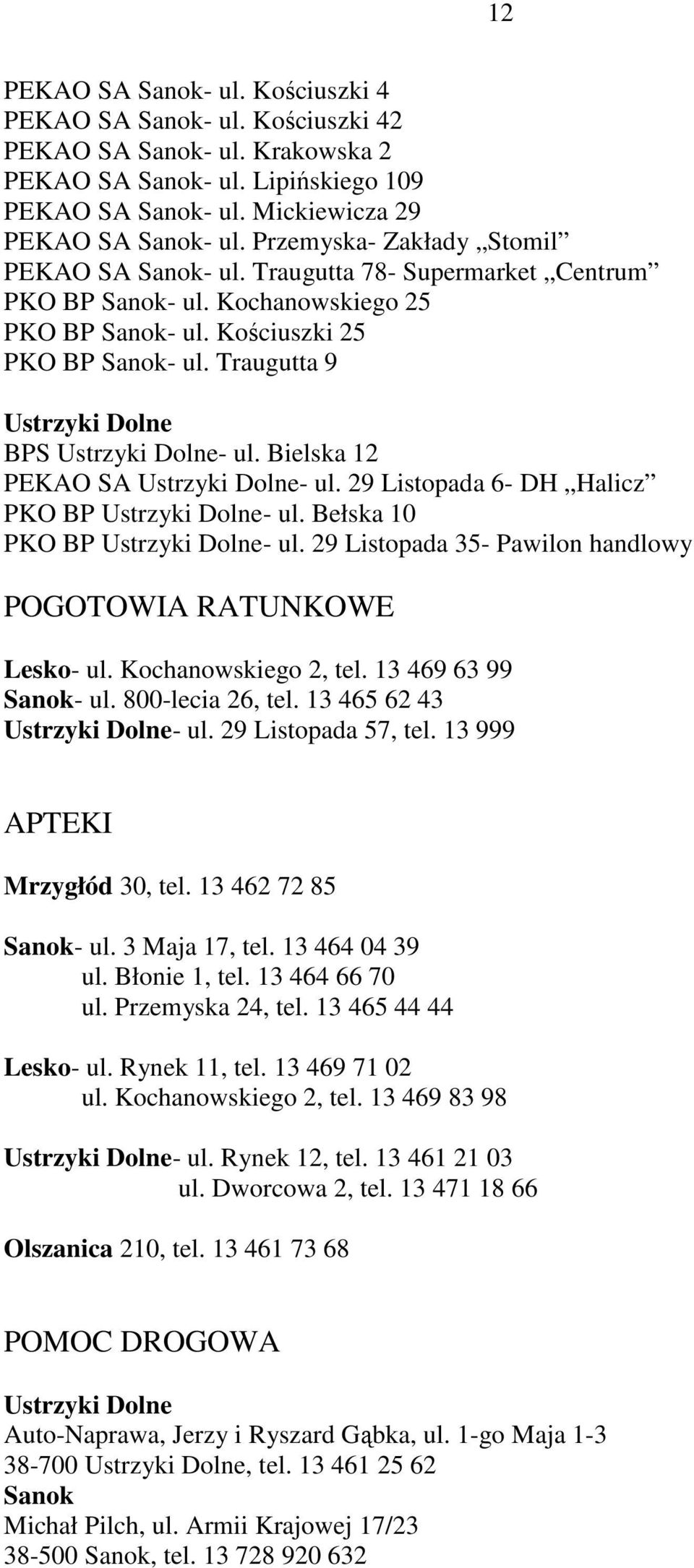 Traugutta 9 Ustrzyki Dolne BPS Ustrzyki Dolne- ul. Bielska 12 PEKAO SA Ustrzyki Dolne- ul. 29 Listopada 6- DH Halicz PKO BP Ustrzyki Dolne- ul. Bełska 10 PKO BP Ustrzyki Dolne- ul.