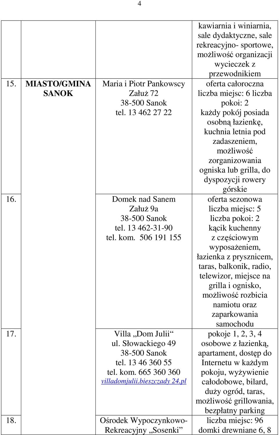 Ośrodek Wypoczynkowo- Rekreacyjny Sosenki kawiarnia i winiarnia, sale dydaktyczne, sale rekreacyjno- sportowe, moŝliwość organizacji wycieczek z przewodnikiem liczba miejsc: 6 liczba pokoi: 2 osobną