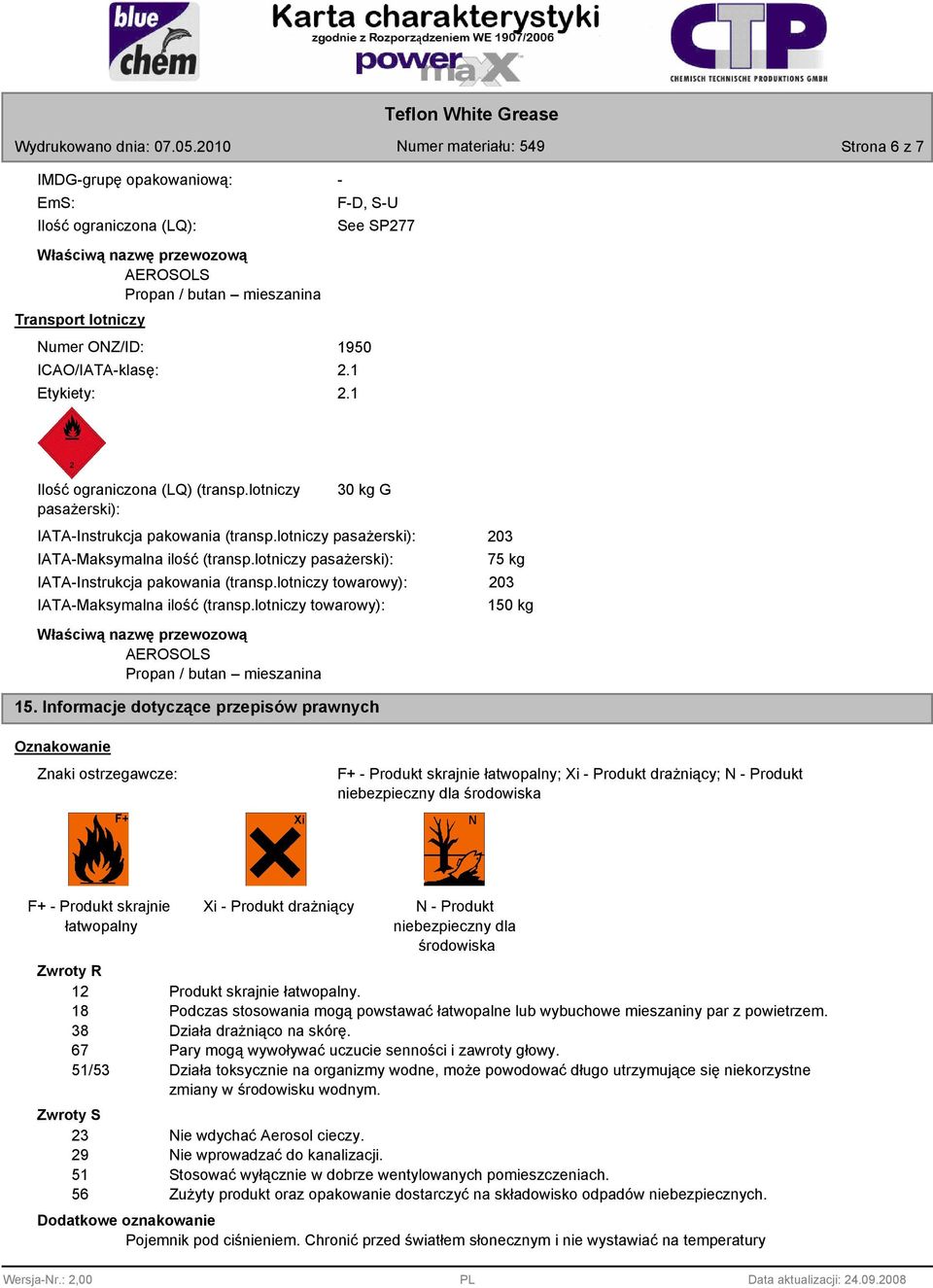 lotniczy towarowy): IATA-Maksymalna ilość (transp.lotniczy towarowy): 203 75 kg 203 150 kg 15.
