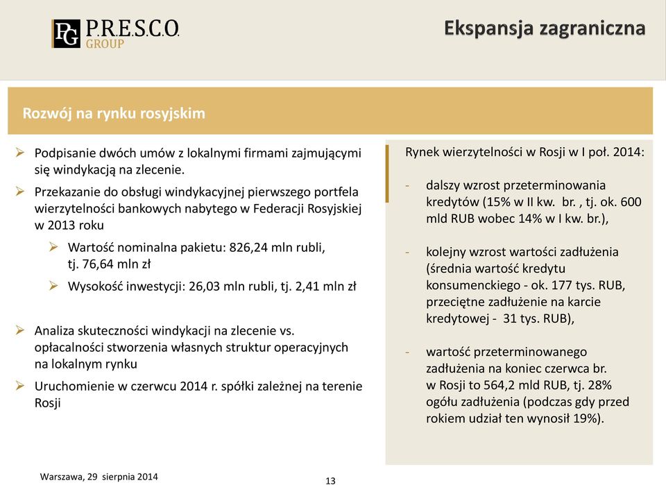 76,64 mln zł Wysokość inwestycji: 26,03 mln rubli, tj. 2,41 mln zł Analiza skuteczności windykacji na zlecenie vs.