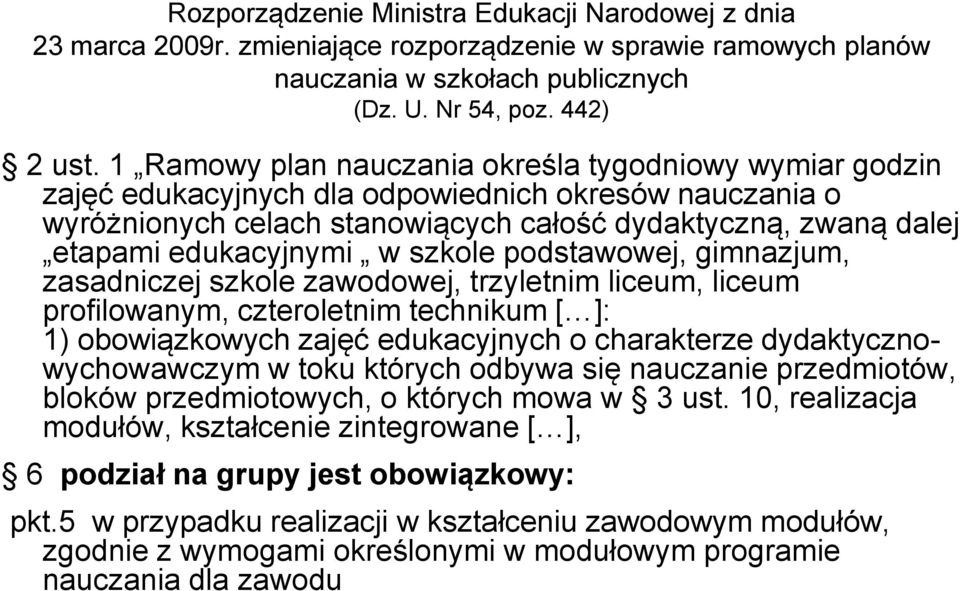 w szkole podstawowej, gimnazjum, zasadniczej szkole zawodowej, trzyletnim liceum, liceum profilowanym, czteroletnim technikum [ ]: 1) obowiązkowych zajęć edukacyjnych o charakterze