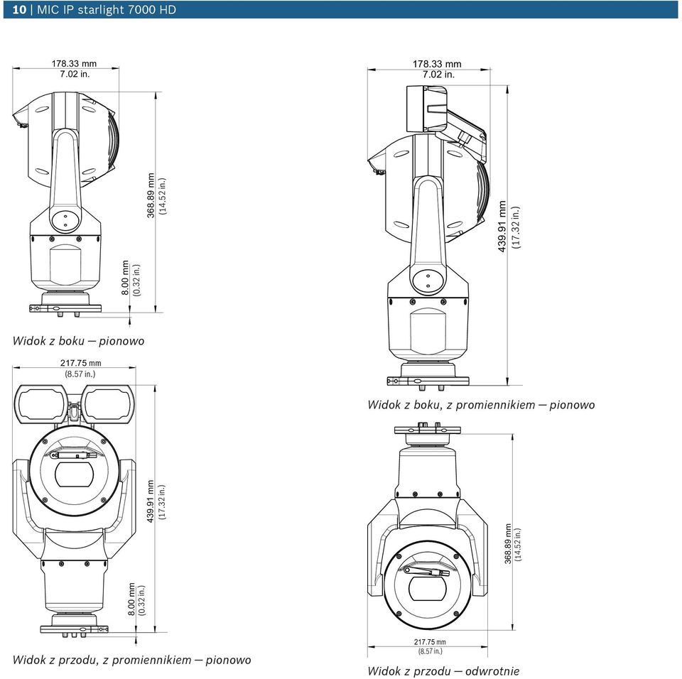 00 mm 439.91 mm (17.32 in.) Widok z boku, z promiennikiem pionowo 368.89 mm (14.52 in.