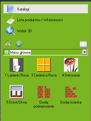 Opcji wstawiania ścianek. Po wybraniu zakładki Katalogi, w górnym lewym rogu pola opcji menu pojawiają się ikony Menu początkowe ( ) oraz Powrót ( ).