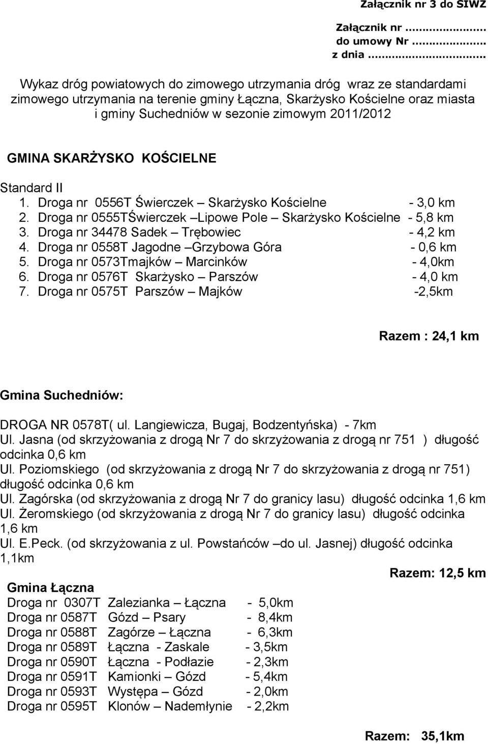 GMINA SKARŻYSKO KOŚCIELNE Standard II 1. Droga nr 0556T Świerczek Skarżysko Kościelne - 3,0 km 2. Droga nr 0555TŚwierczek Lipowe Pole Skarżysko Kościelne - 5,8 km 3.