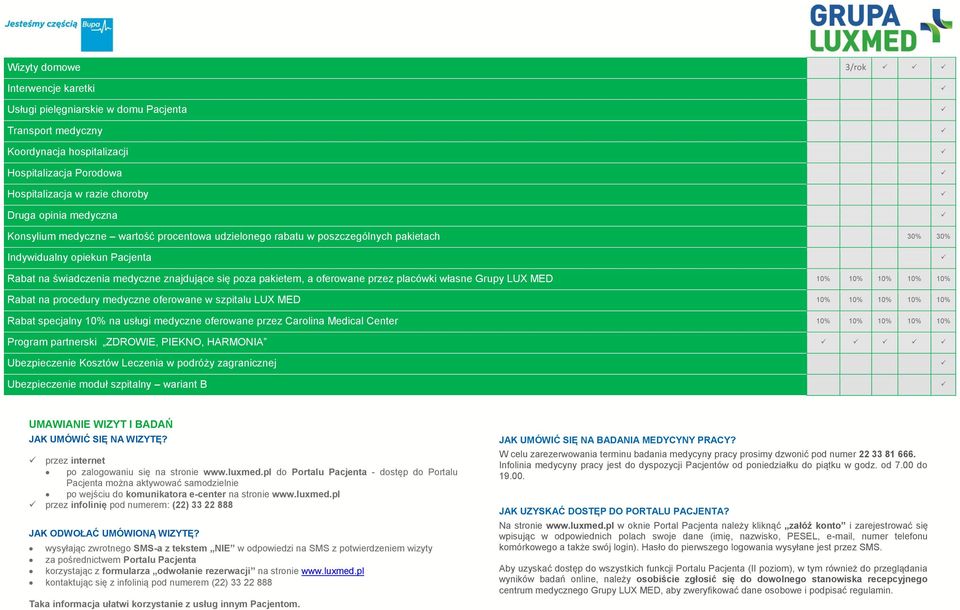oferowane przez placówki własne Grupy LUX MED 10% 10% 10% 10% 10% Rabat na procedury medyczne oferowane w szpitalu LUX MED 10% 10% 10% 10% 10% Rabat specjalny 10% na usługi medyczne oferowane przez