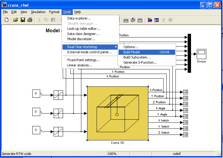 uruchomić kod poprzez kliknięcie kolejno opcji w menu modelu: Simulation/Connect to target i Simulation/Start real-time code. Rys. 3.