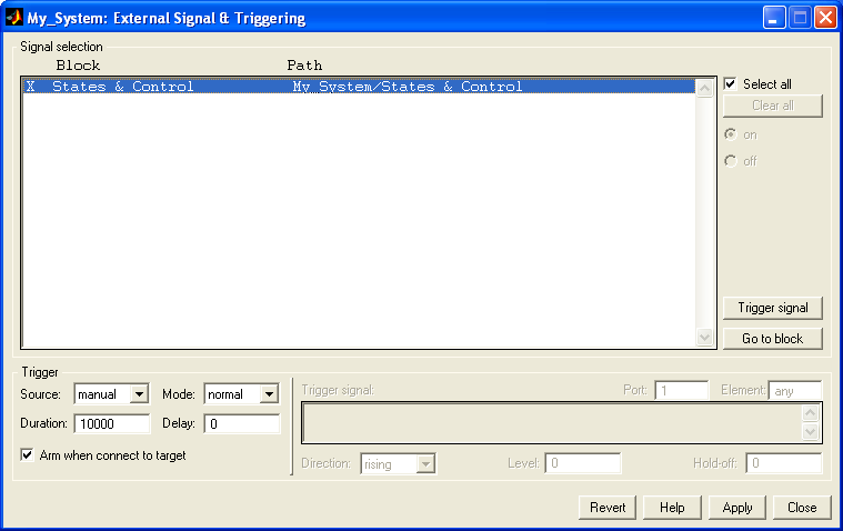 Sposób zbierania danych pomiarowych w czasie rzeczywistym określa się równieŝ w opcji Tools/External Mode Control Panel. Po kliknięciu klawisza Signal Triggering otworzy nam się okno pokazane na Rys.