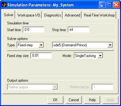 Rys. 7 Poprawnie ustawione parametry w opcji Simulation parameters Plik o nazwie rtwin.tlc zarządza procesem generacji. Plik crane3d_win_vc.tmf to specjalnie dla tego systemu napisany tzw.