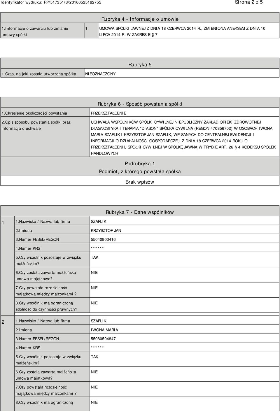 Opis sposobu powstania spółki oraz informacja o uchwale PRZEKSZTAŁCE UCHWAŁA WSPÓLNIKÓW SPÓŁKI CYWILNEJ PUBLICZNY ZAKŁAD OPIEKI ZDROWOTNEJ DIAGNOSTYKA I TERAPIA "DIASON" SPÓŁKA CYWILNA (REGON