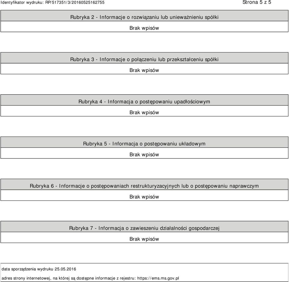 o postępowaniach restrukturyzacyjnych lub o postępowaniu naprawczym Rubryka 7 - Informacja o zawieszeniu działalności gospodarczej