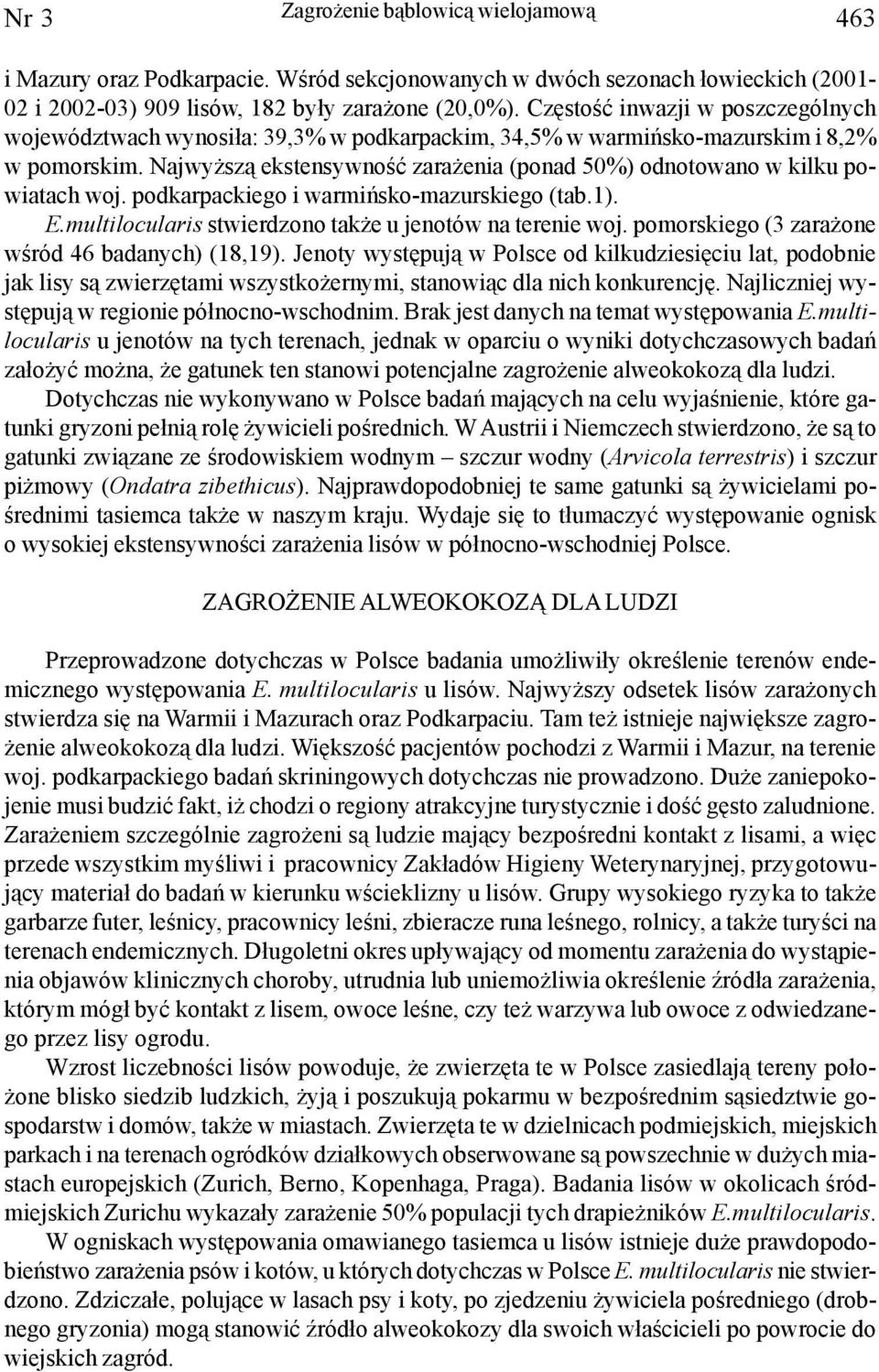 Najwy sz¹ ekstensywnoœæ zara enia (ponad 50%) odnotowano w kilku powiatach woj. podkarpackiego i warmiñsko-mazurskiego (tab.1). E.multilocularis stwierdzono tak e u jenotów na terenie woj.
