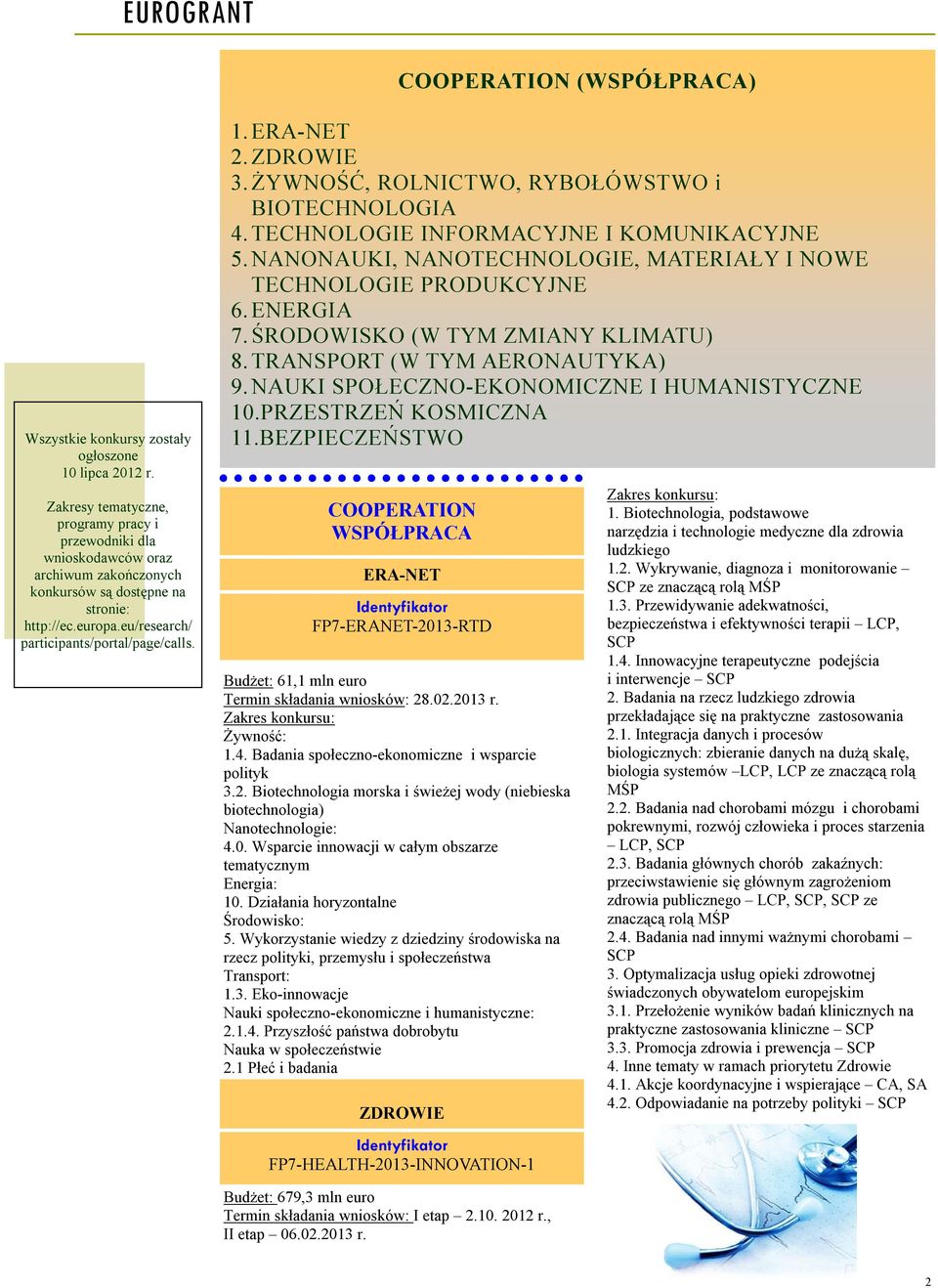 ERA-NET 2. ZDROWIE 3. ŻYWNOŚĆ, ROLNICTWO, RYBOŁÓWSTWO i BIOTECHNOLOGIA 4. TECHNOLOGIE INFORMACYJNE I KOMUNIKACYJNE 5. NANONAUKI, NANOTECHNOLOGIE, MATERIAŁY I NOWE TECHNOLOGIE PRODUKCYJNE 6. ENERGIA 7.